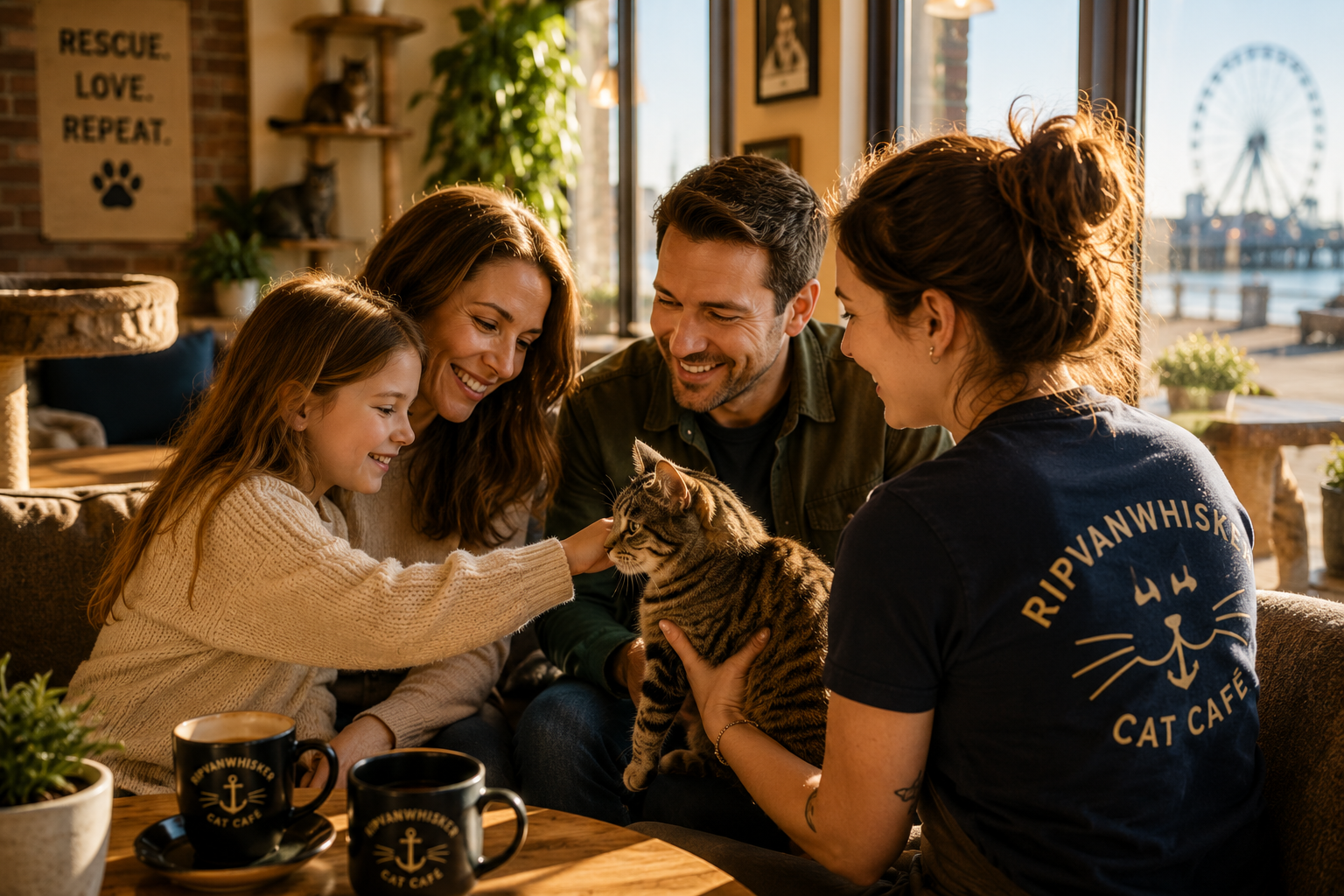 A family meeting a rescue cat at RipVanWhisker Cat Café