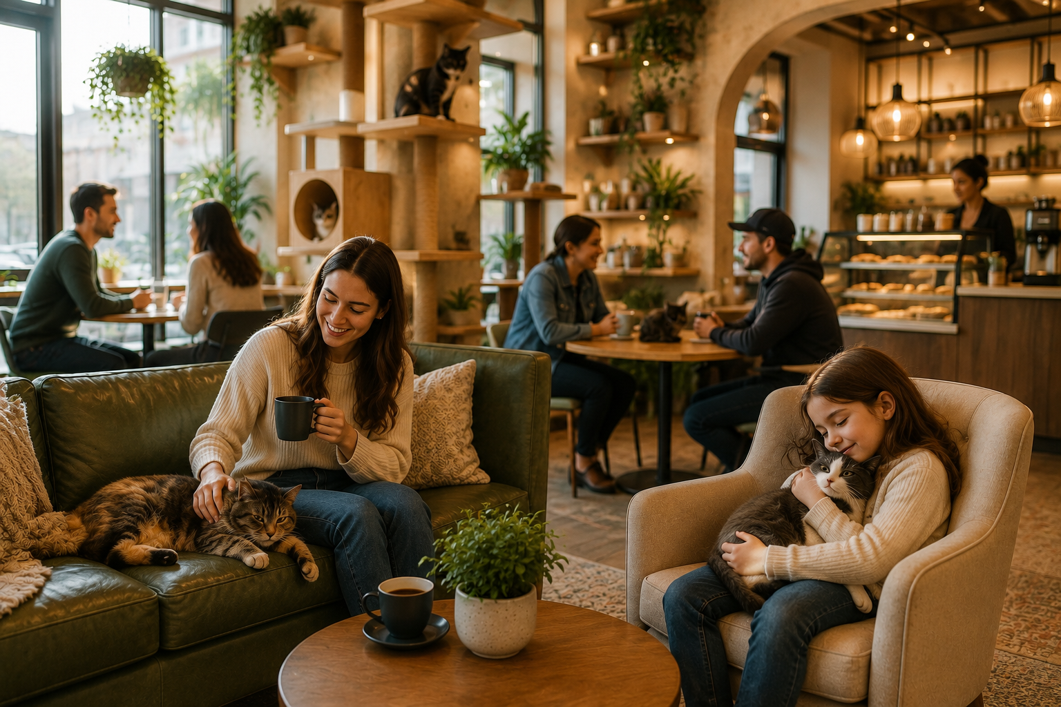 Guests enjoying coffee while spending time with rescue cats at RipVanWhisker