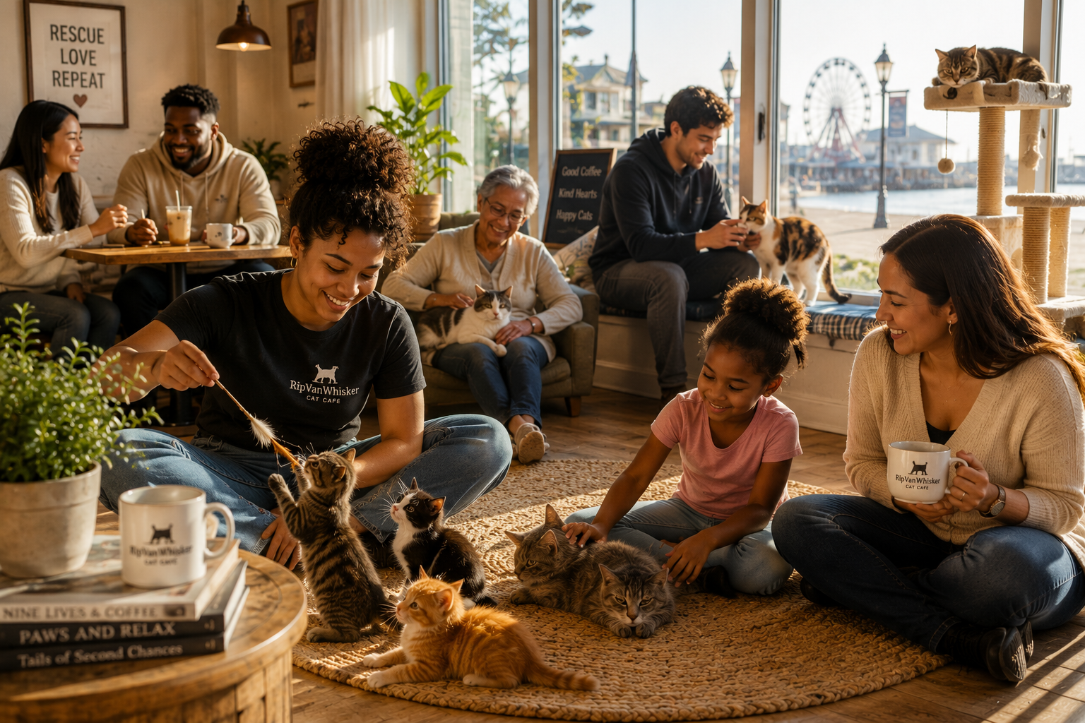 Guests enjoying time with rescue cats at RipVanWhisker Cat Café